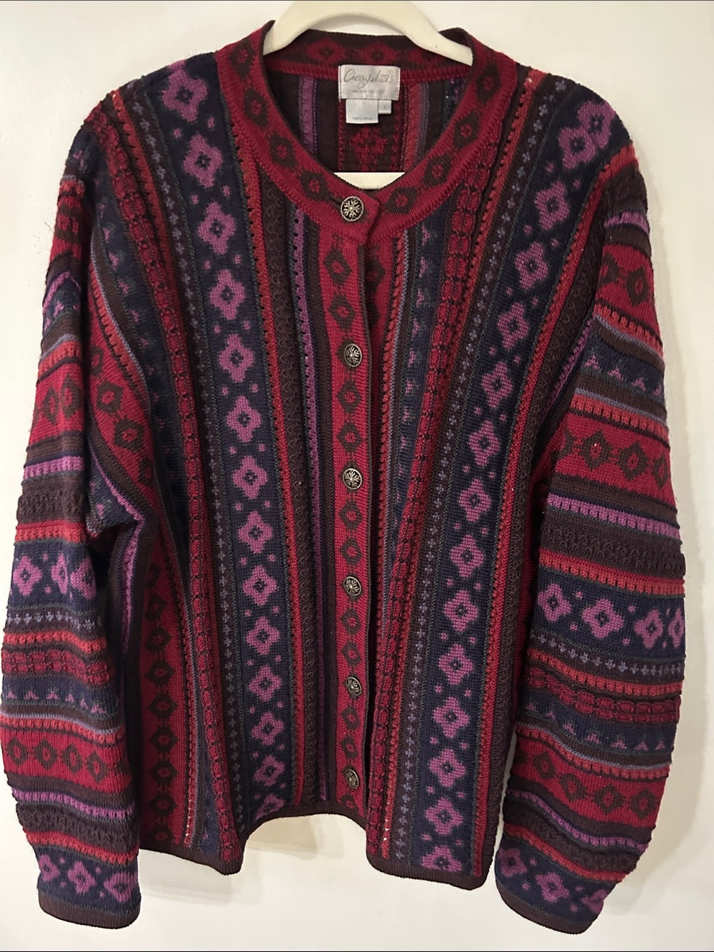 Cherry Lewis Textured Wool Knit Cardigan Women's Large Purple/Red Patterned Y2K